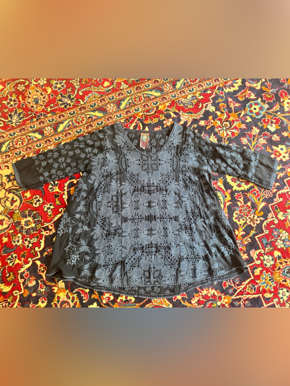Johnny Was Navy Blue Embroidered Boho Blouse